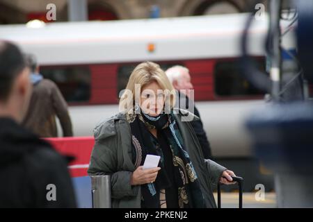 Newcastle upon Tyne, 7th April 2023, Dame Joanna Lumley seen at Newcastle train station, The British actress,  presenter, former model, author. Dame Joanna known for her TV roles as Patsy Stone in The Absolutely Fabulous, Purdey The New Avengers and Sapphire & Steel was visiting Gateshead near Newcastle upon Tyne for an exclusive Q&A about her life and career talking about her book 'A Queen for All Seasons' at the opening of British furniture retailer Barker and Stonehouse opens its new flagship store in Gateshead, Credit:DEW/Alamy Live News Stock Photo