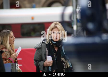 Newcastle upon Tyne, 7th April 2023, Dame Joanna Lumley seen at Newcastle train station, The British actress,  presenter, former model, author. Dame Joanna known for her TV roles as Patsy Stone in The Absolutely Fabulous, Purdey The New Avengers and Sapphire & Steel was visiting Gateshead near Newcastle upon Tyne for an exclusive Q&A about her life and career talking about her book 'A Queen for All Seasons' at the opening of British furniture retailer Barker and Stonehouse opens its new flagship store in Gateshead, Credit:DEW/Alamy Live News Stock Photo