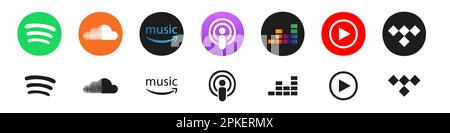 Vinnitsa, Ukraine - December 19, 2022: MMusic, podcasts streaming programs icon set. Stock Vector
