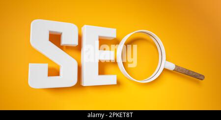 SEO, Search Engine Optimization text and magnifying glass on bright yellow. Keyword and Content concept. Concept for promoting ranking traffic on webs Stock Photo