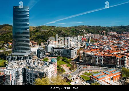 Bilbao, Spain - April 5, 2023: Aerial view of Bilbao, the largest city in the Basque Country in northern Spain with major landmarks visible Stock Photo
