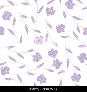 Purple hand drawn roses isolated on white background seamless pattern. Simple design. Tender botanical pattern Stock Vector