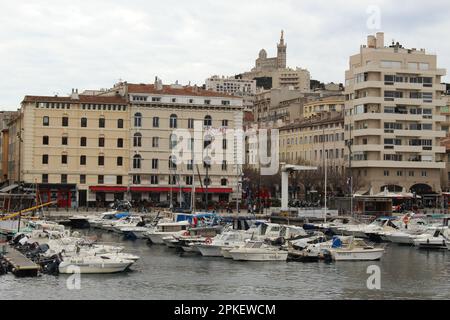 Old Port of Marseille on grey, overcast day Stock Photo