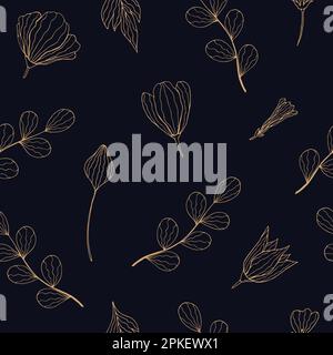 Dark botanical floral seamless pattern of hand drawn flowers and leaves Stock Vector