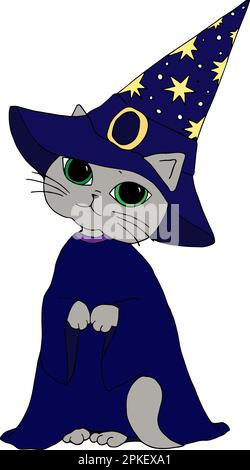 Vector hand drawn cute cat wizard in a hat Stock Vector