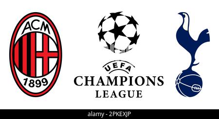 Vinnitsa, Ukraine - November 18, 2022: Football soccer Milan vs Tottenham club icons.League of champions. Vector editorial illustration Stock Vector