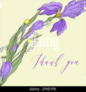 Greeting card of hand drawn purple iris on pale yellow background. Natural design of floral elements in vector art Stock Vector