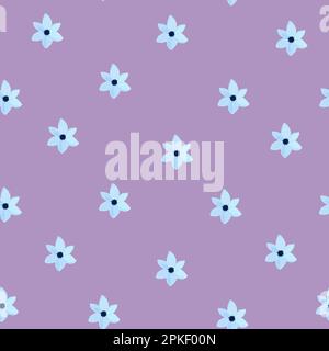 Light blue tender flowers on purple background seamless pattern. Hand drawn flower in repeating pattern for print and design Stock Vector