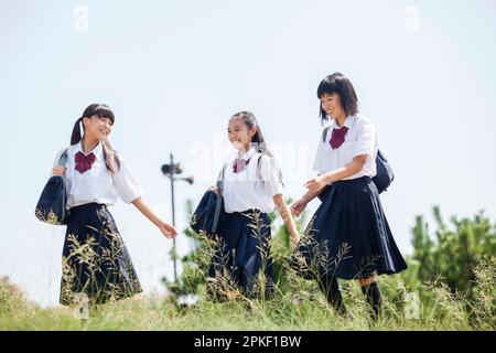 Junior high school students chatting while walking Stock Photo