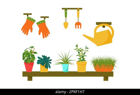 House plants and care tools. Interior Scandinavian design. Design element. Vector illustration Stock Vector