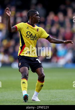 Watford’s Yaser Asprilla in action during the Sky Bet Championship match at Vicarage Road, Watford. Picture date: Friday April 7, 2023. Stock Photo