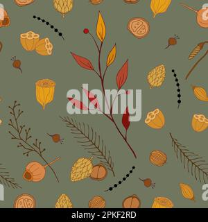 Autumn berries seamless pattern on pale green background. Hand drawn vector illustration Stock Vector