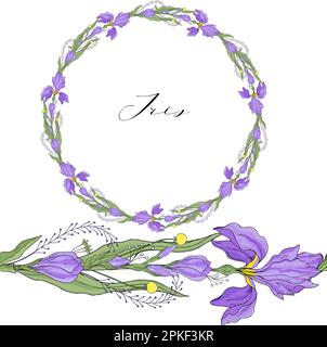 Iris flower wreath isolated on white background Stock Vector