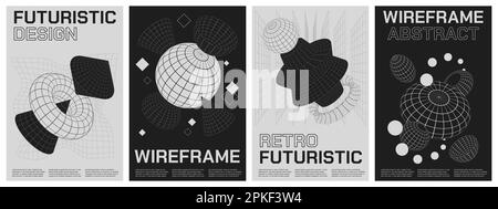 Modern wireframe posters. Retro futuristic modern grid shapes of different sizes, 80s and 90s geometric artwork. Vector brochures design mockup. Illus Stock Vector