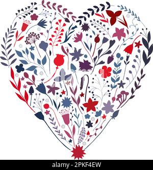 Hand drawn floral elements in heart shape. Pastel and red colors on white background. For desind and print Stock Vector