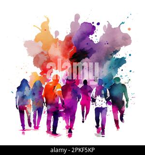 vector watercolor illustration of happy people dancing on holi dust in India Stock Vector