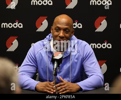 April 6, 2023: Portland Trail Blazers head coach Chauncey Billups speaks to the media before an NBA basketball game between the San Antonio Spurs and the Trail Blazers on April 6, 2023 in Austin, Texas. It was the first-ever NBA game held in Austin, long considered by the NBA to be part of the Spurs' market area. (Credit Image: © Scott Coleman/ZUMA Press Wire) EDITORIAL USAGE ONLY! Not for Commercial USAGE! Stock Photo