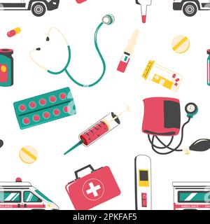 Medical tools pattern. Seamless print of doodle drug store equipment, endless background with cartoon first aid elements for wrapping paper. Vector te Stock Vector