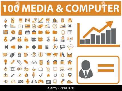 A set of 100 media icons and computer icons vector illustration Stock Vector