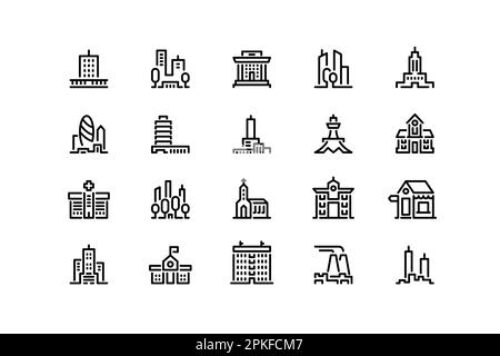 Buildings line icons. Real estate and industrial outline block stroke symbols, outline city construction and high-rise buildings. Vector editable coll Stock Vector