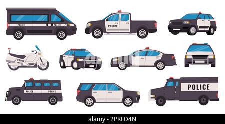 Police vehicles. Security car with siren, policeman van suv truck transport for protection and rescue, urgency patrol machine icons. Vector flat set o Stock Vector