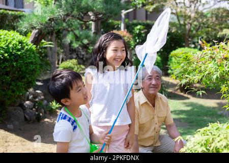 Sister, brother and grandfather catching insects Stock Photo - Alamy