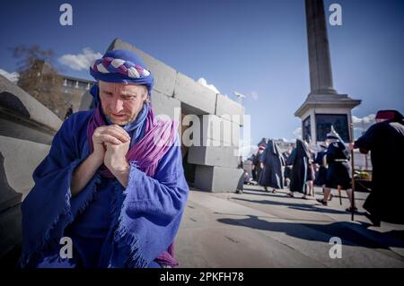 London, UK. 7th April, 2023. Annual open-air performance of The Passion of Jesus by the Wintershall Players on Easter Good Friday in Trafalgar Square. Credit: Guy Corbishley/Alamy Live News Stock Photo