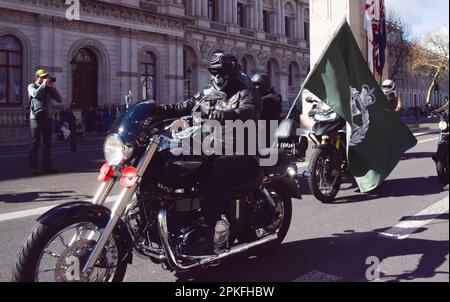 London, England, UK. 7th Apr, 2023. Rolling Thunder bikers pass through Whitehall during the Ride of Respect for the late Queen Elizabeth II. Rolling Thunder is a group of British army veterans and civilian supporters, who are all bikers, campaigning to end the prosecution of veterans who were part of the British Armed Forces' operation in Northern Ireland from 1969 to 2007. (Credit Image: © Vuk Valcic/ZUMA Press Wire) EDITORIAL USAGE ONLY! Not for Commercial USAGE! Credit: ZUMA Press, Inc./Alamy Live News Stock Photo