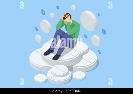 Isometric concept of dependence on pills, drugs, antidepressants. Healthcare and medical, addiction recovery. Concept for prescription drug abuse Stock Vector