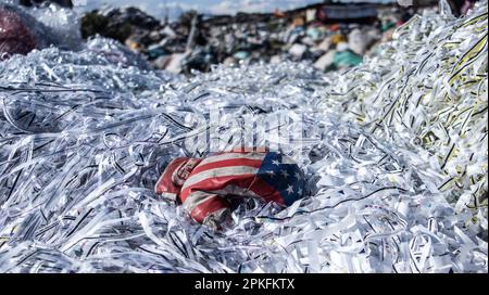 Nairobi, Kenya. 05th Apr, 2023. A boxing glove with the colors of United States of American flag is seen on a heap of plastic trash at Dandora dumping site. With most plastic being single-use and very problematic to recycle, countries especially in global south are struggling to manage the growing waste problem. (Photo by James Wakibia/SOPA Images/Sipa USA) Credit: Sipa USA/Alamy Live News Stock Photo