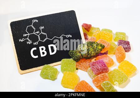 Medical Marijuana Edibles, Candies Infused with CBD Cannabis in food industry Stock Photo