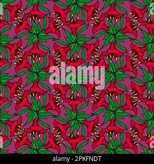 seamless pattern of red large exotic flowers with a black outline on a purple background, texture, design Stock Photo