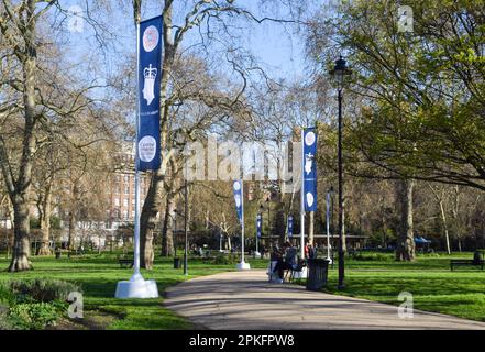 London, UK. 7th April 2023. King Charles III coronation banners have been installed in Russell Square ahead of the coronation, which takes place on May 6th. Stock Photo