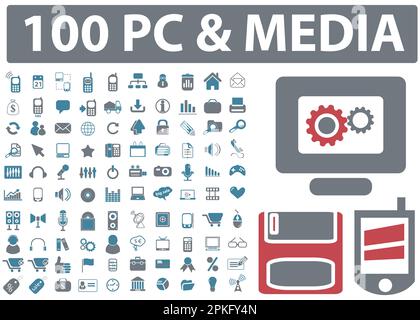 A set of 100 media and PC icons vector illustration Stock Vector