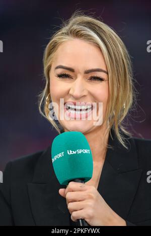 06 Apr 2023 - England v Brazil - Women’s Finalissima - Wembley Stadium  TV and Radio Presenter Laura Woods during the UEFA Women's Finalissima 2023 at Wembley as they beat Brazil 4-2 on penalties. Picture : Mark Pain / Alamy Live News Stock Photo