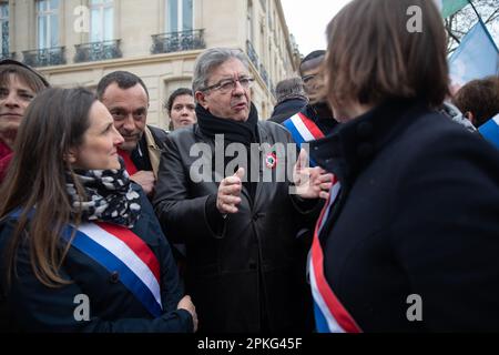 PARIS, France. 6th Apr, 2023. French leftist party La France Insoumise (LFI) leader Jean-Luc Melenchon at a pension reform protest in Paris, the government pushed the pensions reform without a vote using article 49.3 of the constitution and surviving a no-confidence motion in parliament. Credit: Lucy North/Alamy Live News Stock Photo