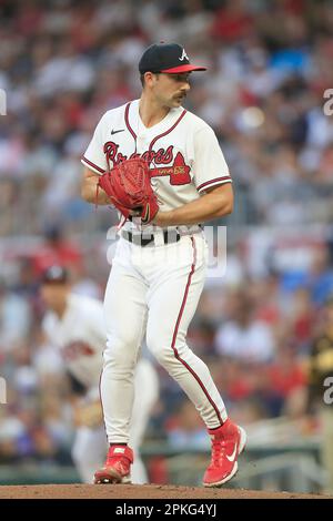 April 06, 2023: Atlanta Braves pitcher A.J. Minter delivers a pitch during  the ninth inning of a MLB game against the San Diego Padres at Truist Park  in Atlanta, GA. Austin McAfee/CSM(Credit