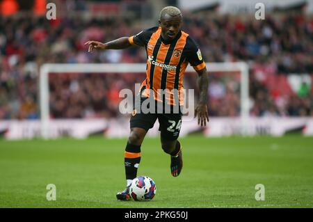 Hull City's Jean Michaël Seri during the Sky Bet Championship match between Sunderland and Hull City at the Stadium Of Light, Sunderland on Friday 7th April 2023. (Photo: Michael Driver | MI News) Credit: MI News & Sport /Alamy Live News Stock Photo