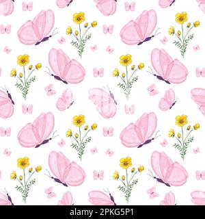 Watercolor seamless pattern wildflowers, pink butterfly on white background, hand-painted illustration in botanical style, for printing fabric, paper Stock Photo