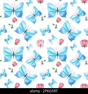 Watercolor seamless pattern red wildflowers, blue butterfly on white background, hand-painted illustration in botanical style, for printing fabric Stock Photo