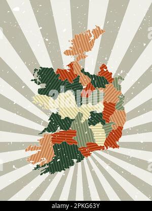 Ireland vintage map. Grunge poster with map of the country in retro color palette. Shape of Ireland with sunburst rays background. Vector illustration Stock Vector
