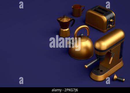 Kettle, toaster, coffee machine horn and geyser coffee maker on blue background. 3d render kitchen appliances making breakfast with latte coffee Stock Photo