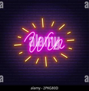Win neon lettering on brick wall background. Stock Vector