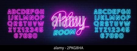 Play Room neon sign on brick wall background. Stock Vector