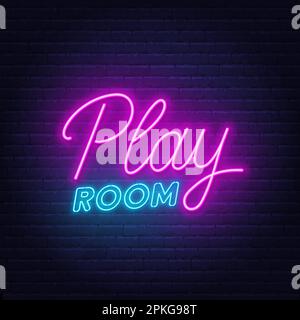 Play Room neon sign on brick wall background. Stock Vector