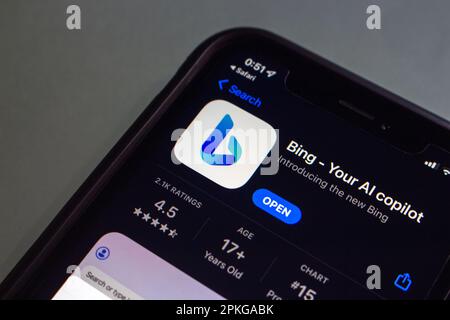 Vancouver, CANADA - Apr 7 2023 : Microsoft Bing icon seen in App Store on iPhone screen. Bing is a web search engine by Microsoft. Stock Photo