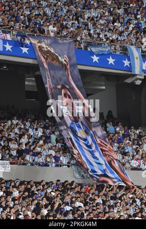 BUENOS AIRES, ARGENTINA - APRIL 23: Lionel Messi´s flag during a match between Argentina and Panama at Estadio Mas Monumental. Stock Photo