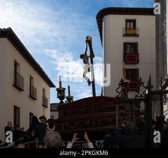 Madrid, Spain; April 2, 2023: Holy Week Procession on Palm Sunday. Side view of the Departure of Christ crucified from the Pontifical Basilica of San Stock Photo