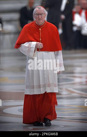 Vatican City State, Vatikanstadt. 07th Apr, 2023. Cardinal Pietro Parolin secretary of state of the Holy See.Pope Francis the ceremony of the Good Friday Passion of the Lord Mass in Saint Peter's Basilica at the Vatican.April 07, 2023 Credit: dpa/Alamy Live News Stock Photo