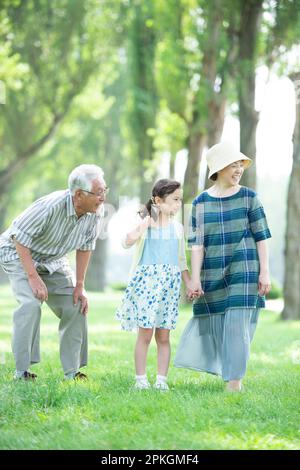 Grandparents and grandchildren smiling in a row of poplar trees Stock Photo